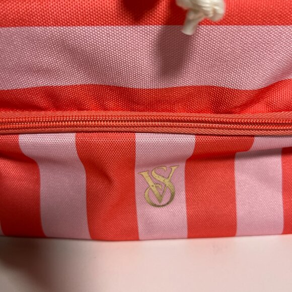 Victoria Secret Backpack Cooler Pocket Beach Bag Logo Drawstring Stripped Pink - Picture 5 of 14